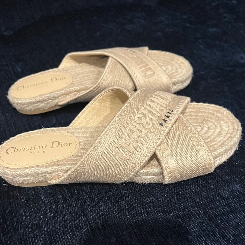 CHRISTIAN DIOR canvas Granville Espadrille Crisscross Flat Slide Sandals, sz 35